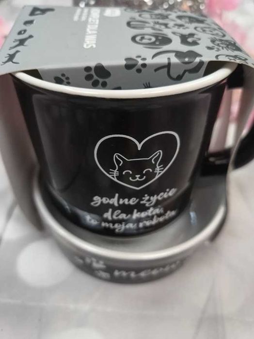 Nowy Komplet kubek 350 ml + miska dla kota 12 cm Eloy czarny