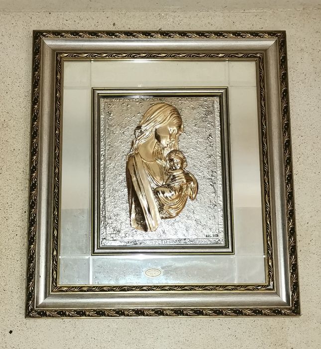 Belíssimo Quadro em  prata 925 espelhado com relevo, moldura em madeir