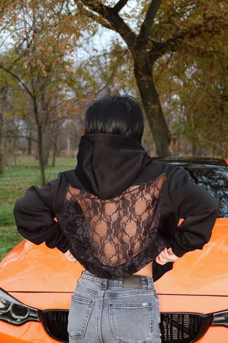 Женское худи с кружевной спинкой кофта оверсайз черная