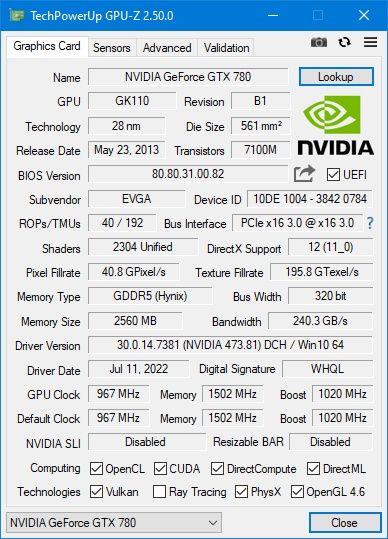 EVGA GTX 780 GDDR5 320bit