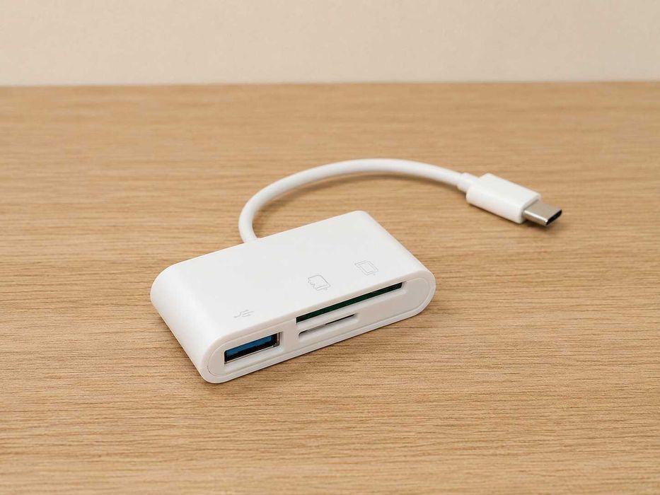 HOVEYO czytnik kart na USB-C + hub USB 3-in-1: SD / microSD / USB-A (3.0)