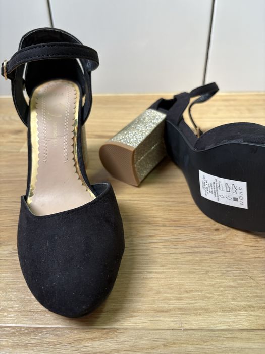 Czolenka buty eleganckie na slupku regro złote czarne 37