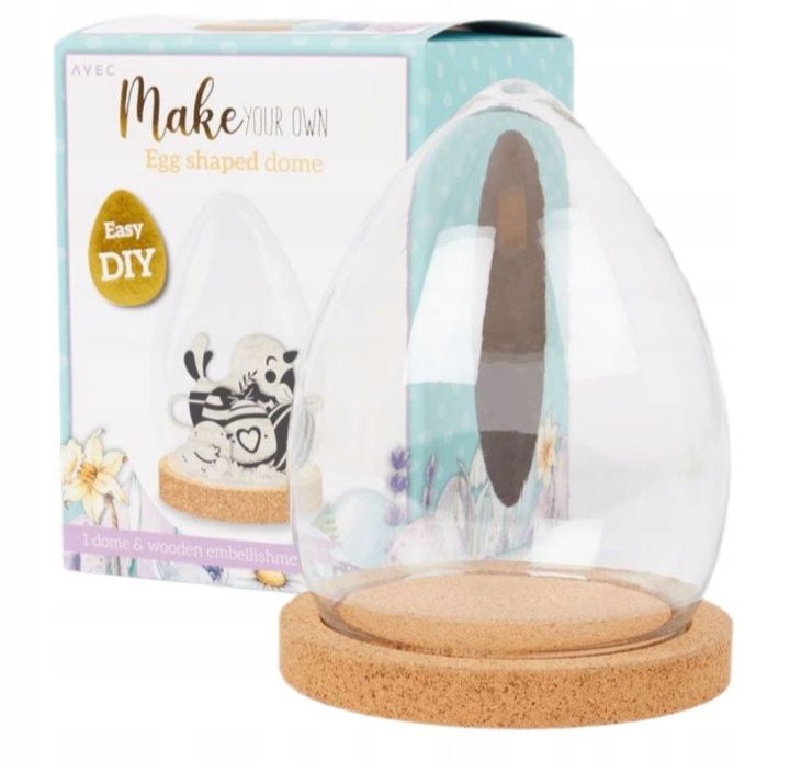 Nowe szklane jajko wielkanocne w drewnianymi ozdobami 16,1 x 12 cm