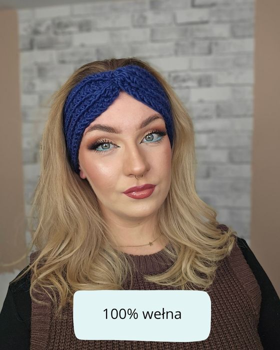 Opaska zimowa 100% wełna kolor głęboki granat