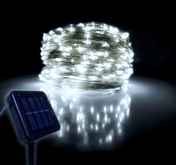 Lampki solarne (32m) chłodna biel na balkon zewnętrzne do ogrodu dekoracja