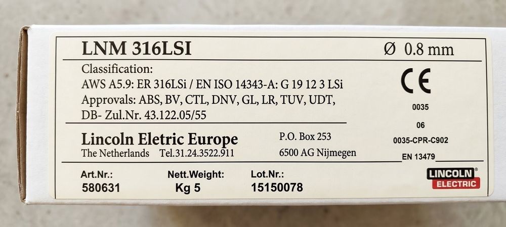 Fio de Soldar Inox MIG/MAG Lincoln Electric LNM 316LSi – 0.8mm (1,7kg)
