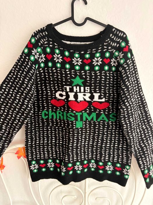 Ciepły świąteczny sweter z wzorami i napisem – rozmiar XL