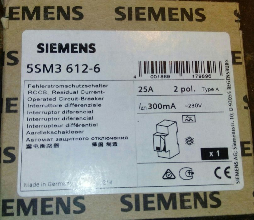 Siemens Residual Current Circuit Breaker, 25 A, 30 mA, New64552379870849121
