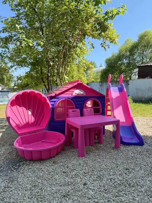 Набір дитячий будиночок гірка пісочниця стіл та стільці гойдалка