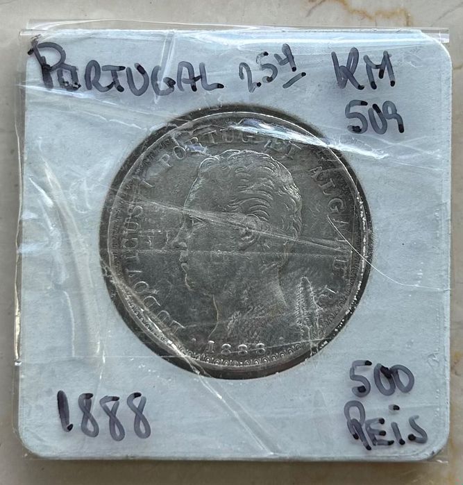 500 Reis Portugal – Luís I – 1888 – Moeda de Prata Antiga KM#509