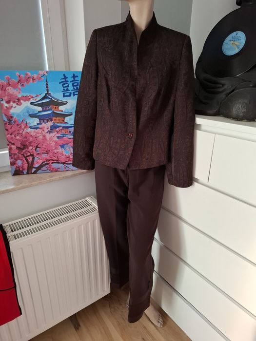 44 brązowy garnitur ze spodniami z wysokim stanem wysoki stan marynarka żakiet garsonka komplet cheongsam qipao w azjatyckim stylu żakardowy vintage