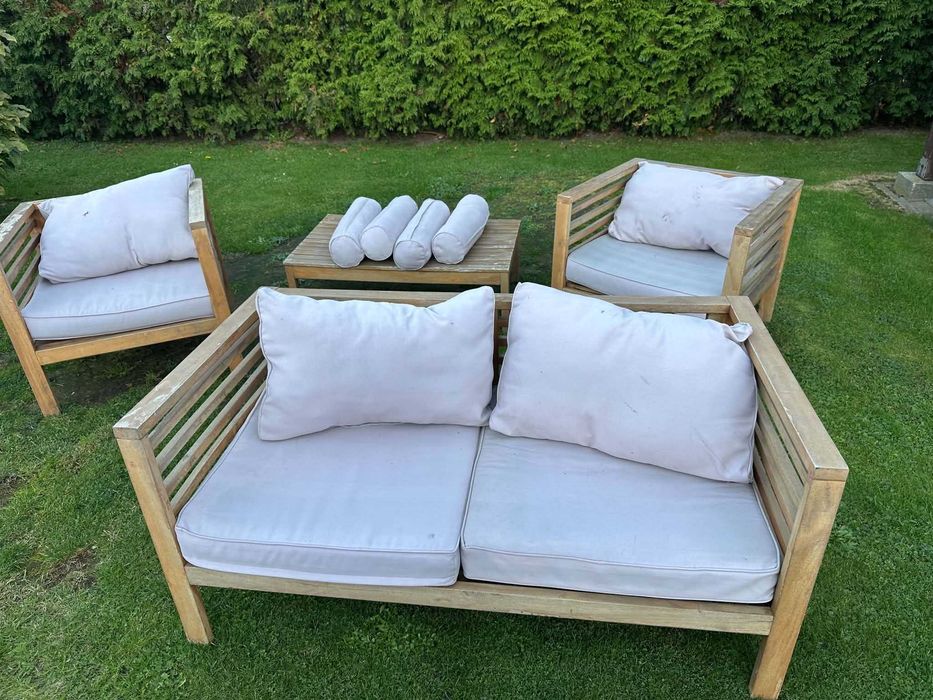 Meble ogrodowe drewniane stół fotele sofa komplet taras