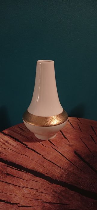 Vintage Scherzer Bavaria biały porcelanowy wazon ze złotą wstążką