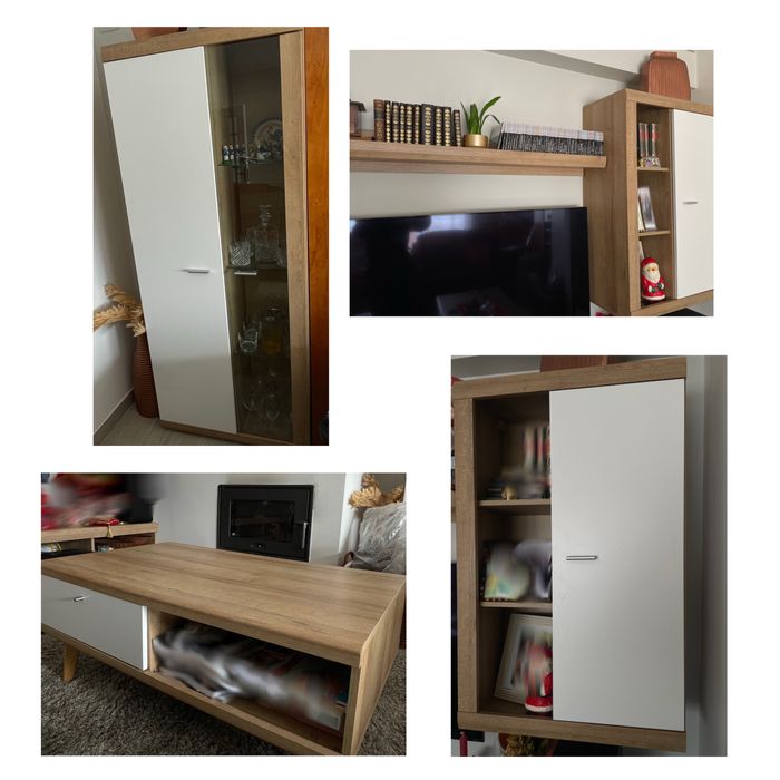 Conjunto Móveis de Sala Brancos e madeira beje Modernos