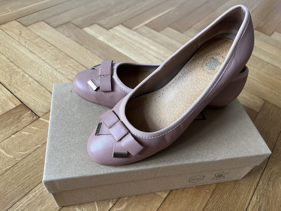 Baleriny różowe z kokardką RYŁKO czółenka damskie skóra (rozmiar 36)