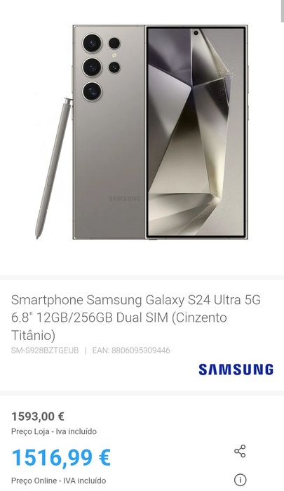 Samsung Galaxy S24Ultra Cinzento Titânio 256GB