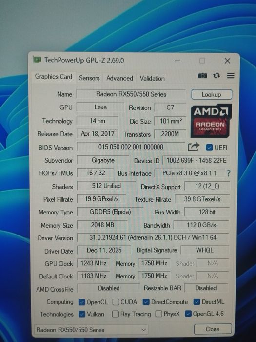 Gigabit RX 550 2GB VRamu