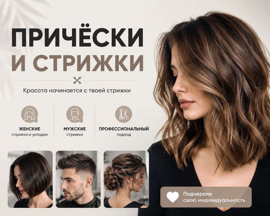 Стрижки женские, мужские, детские, укладки и причёски, мелирование на дому АНД