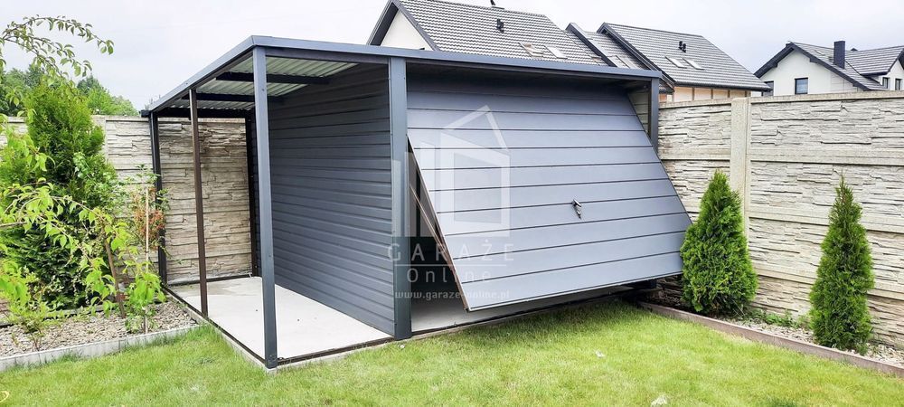 GARAŻ BLASZANY 3x5 + wiata 1m. spad tył - Brama antracyt grafit ID162