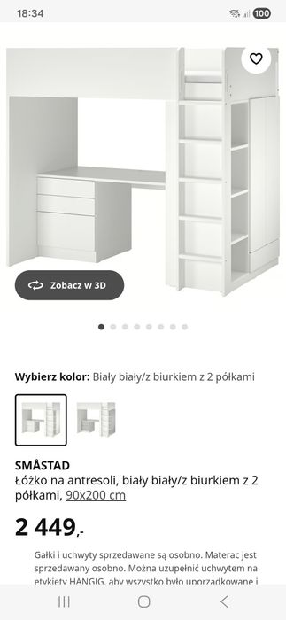 Łóżko na antresoli SMASTAD Ikea, Białe, stan bardzo dobry.