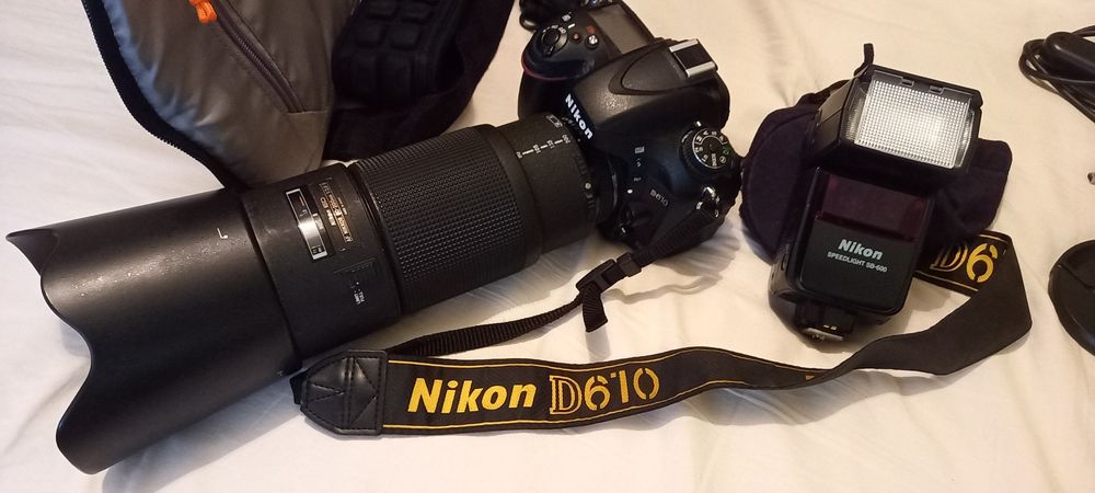 Nikon D610 + lente Nikon 80-200 ED 1:2,8 +Flash Nikon SB600 + mochila