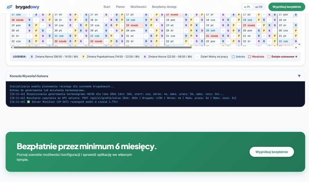 grafik czasu pracy 24/7, ochrona, produkcja, służba zdrowia, itp. bezpłatnie