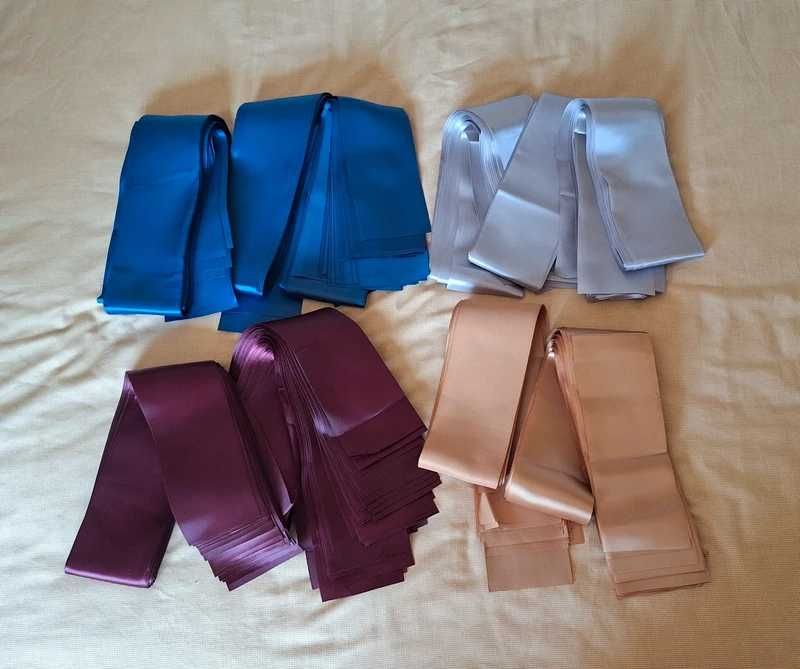 300 metros de fitas de cetim azul, amarelo, bordeaux e cinzento, NOVAS