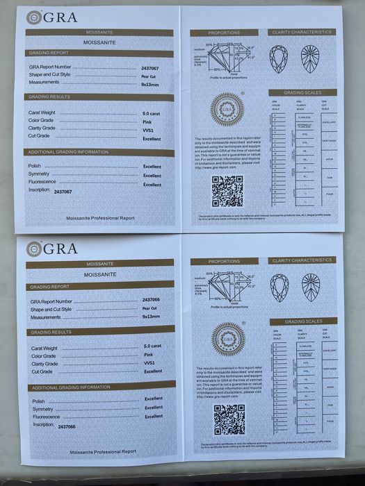 Моїсаніти 5 карат ( 2-штуки) з серт. GRA - грушевидний бріліант VVS1