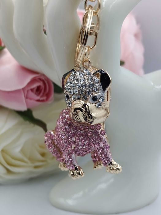 Brelok Pies Buldog Mops Złoty Cyrkonie Prezent