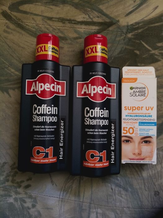 Zestaw 2xszampon alpacin na bazie coffeiny  XXL oraz płyn do opalania Garnier