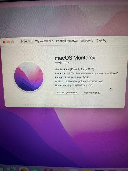 MacBook Air A1466 13,3 cali 256SSD i5 8GB 2015