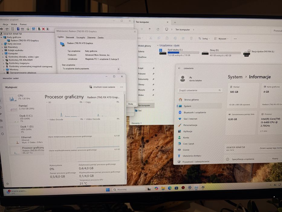 Pc Intel i5-6400, 8 GB Ram,RX 470 4GB Gaming X,SSD 120GB , B250 M
