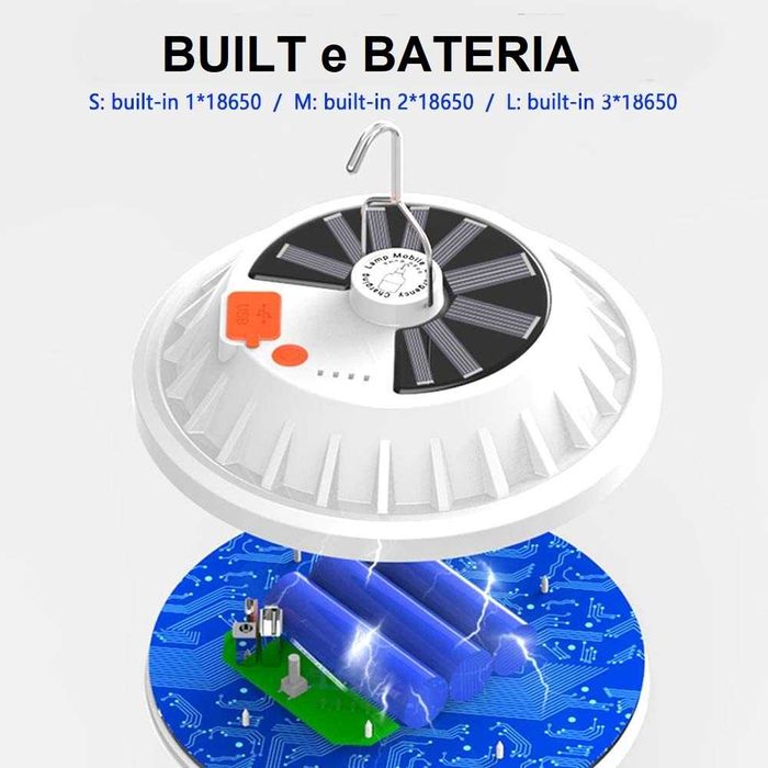 Luz portátil recarregável com sol/USB para acampamentos ou mochileiros