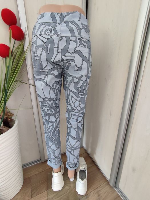 Spodnie damskie, elastyczne , szaro- grafitowe , ozdobny lampas ,