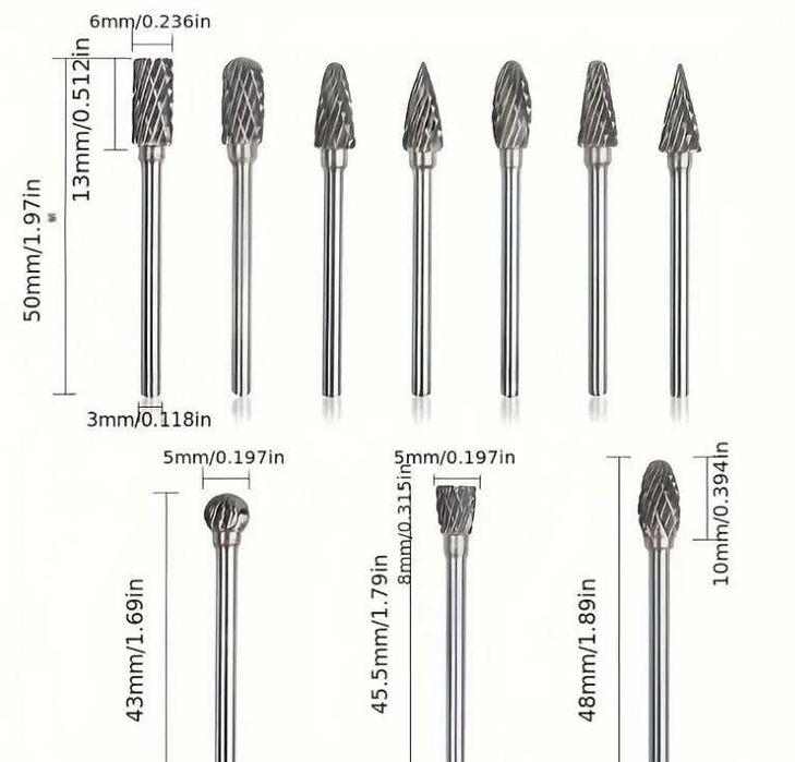 FREZY TRZPIENIOWE do metalu z węglika spiekanego 10szt.