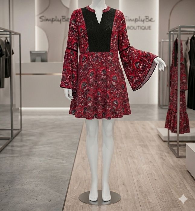 Sukienka Simply Be 42 czerwona boho koronka dekolt