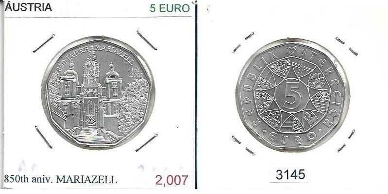 Áustria - - 5 Euros - 2007 -- Basílica de Mariazell -- Moeda  de Prata