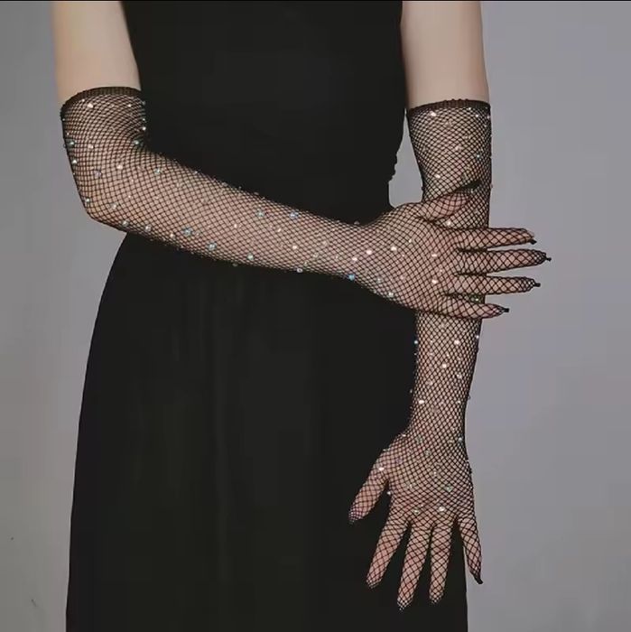 Długie, siateczkowe rękawiczki z cyrkoniami