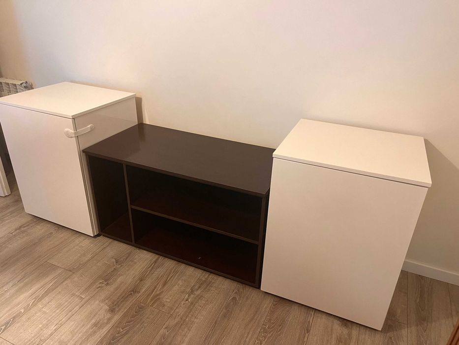 Móvel de Sala + Mesa de Centro | Feito por Carpinteiro | Branco Lacado e Wengué