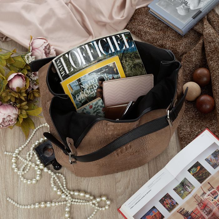 VERA PELLE torebka damska zamszowa worek shopper kroko V655 taupe