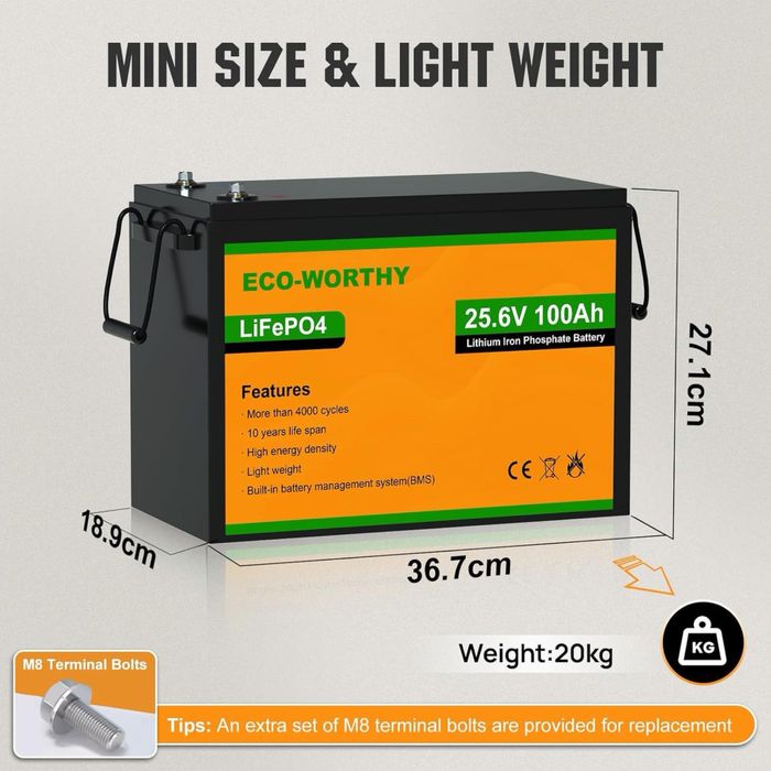 Акумулятор ECO-WORTHY LiFePO4 24 V 1000 Ah (2560Wh) BMS 3000+ циклів