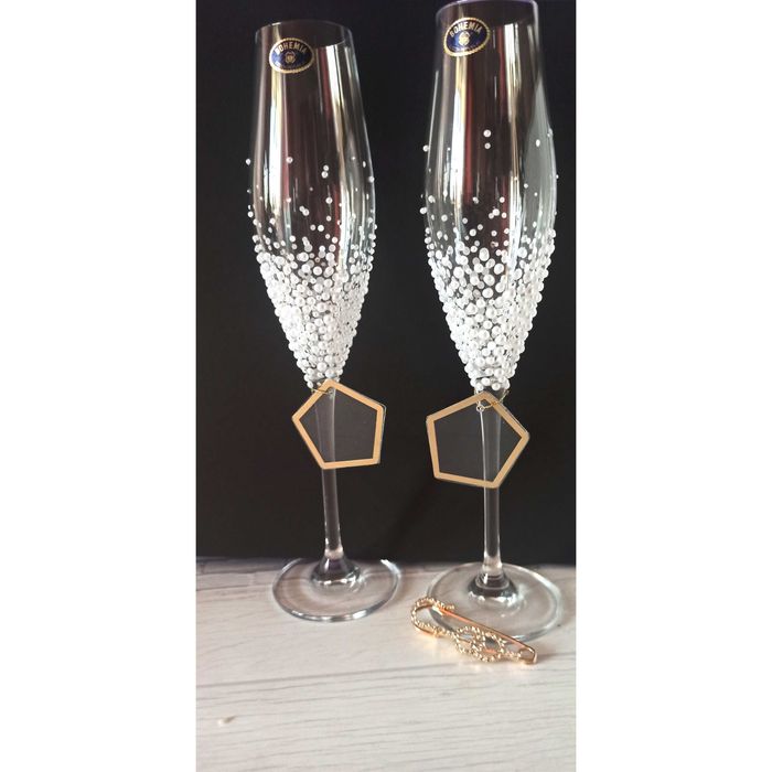 Жемчужные свадебные бокалы, весільні келихи  перлинами стразами Пишите