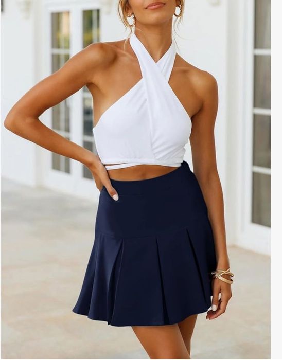 Plisowana spódnica mini damska, ciemny niebieski, rozmiar L, REORIA