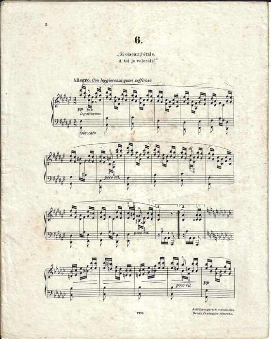 PIANO: Partitura Antiga de "Si Oiseau j'étais, A toi je volerais!", de A Henselt - Carimbo Sassetti