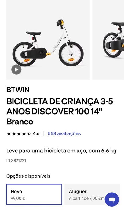 Bicicleta criança 3/5 anos com e sem rodinhas BTWIN