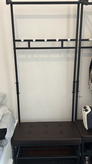 Cabideiro metal c banco, industrial, com sapateira 2 prateleiras, 72,5x35x180cm