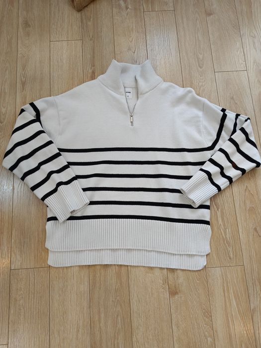 Rozpinany sweter sweterek w paski z golfem biały czarny zamek oversize