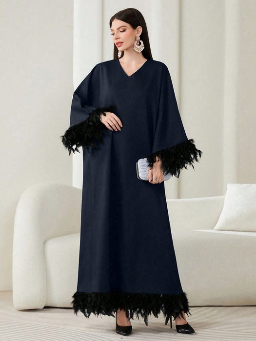 Sukienka W Stylu Arabskim Maxi Zdobiona Piórami Granatowa Shein S 36