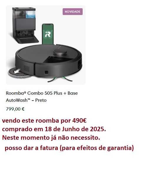 vendo robô Roomba® Combo 505 Plus + Base AutoWash™ – Preto
