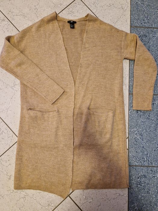 Beżowy kardigan H&M długi sweter kieszenie L